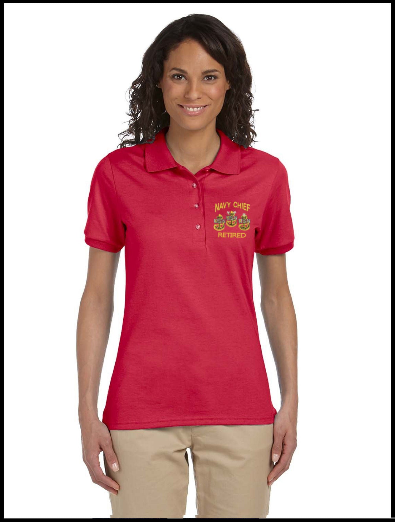 Retired Ladies CPO Navy Chief, Navy Pride Red Polo Shirt 3 Anchors