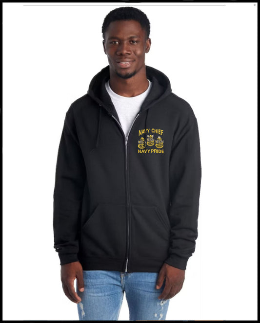 Navy Chief Navy Pride Embroidered Black Zipped Hooded Sweatshirt Black Draw Cords