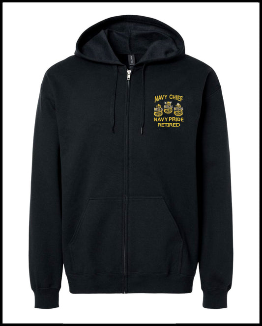Retired Navy Chief Navy Pride Embroidered Black Zipped Hooded Sweatshirt  Black Cords
