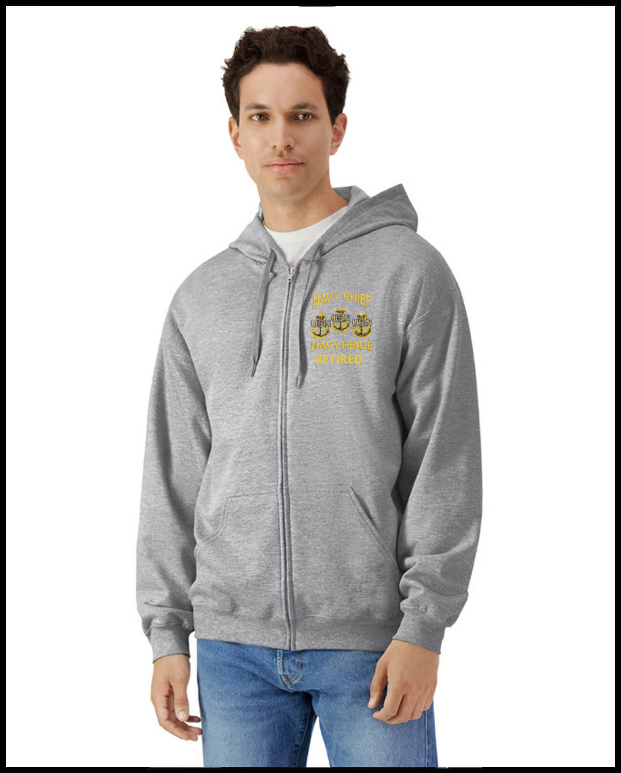 Navy Chief Navy Pride Retired Embroidered Front Heather Grey Hooded Zip Sweatshirt