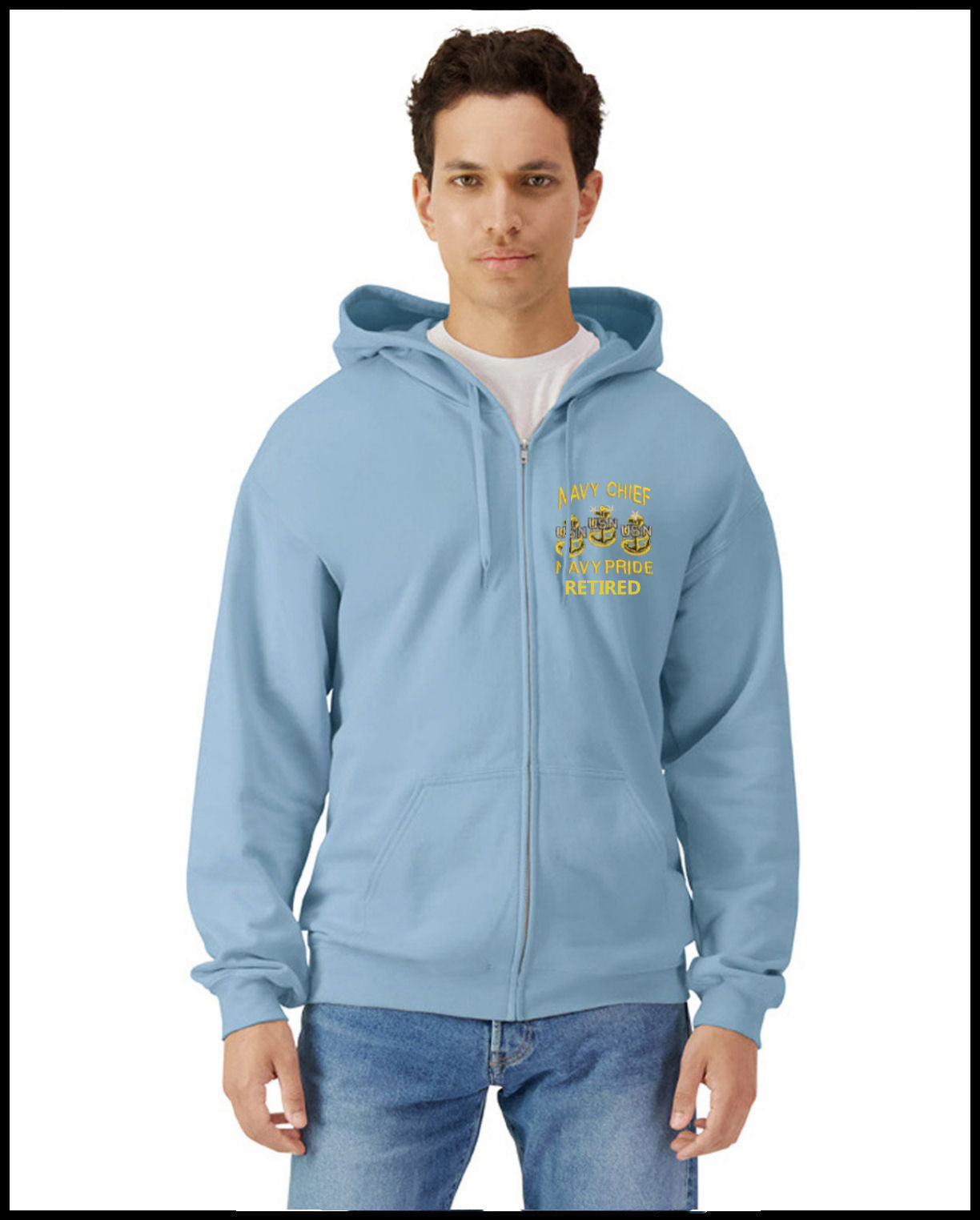 Navy Chief Navy Pride Retired Embroidered Light Blue Hooded Zip Sweatshirt