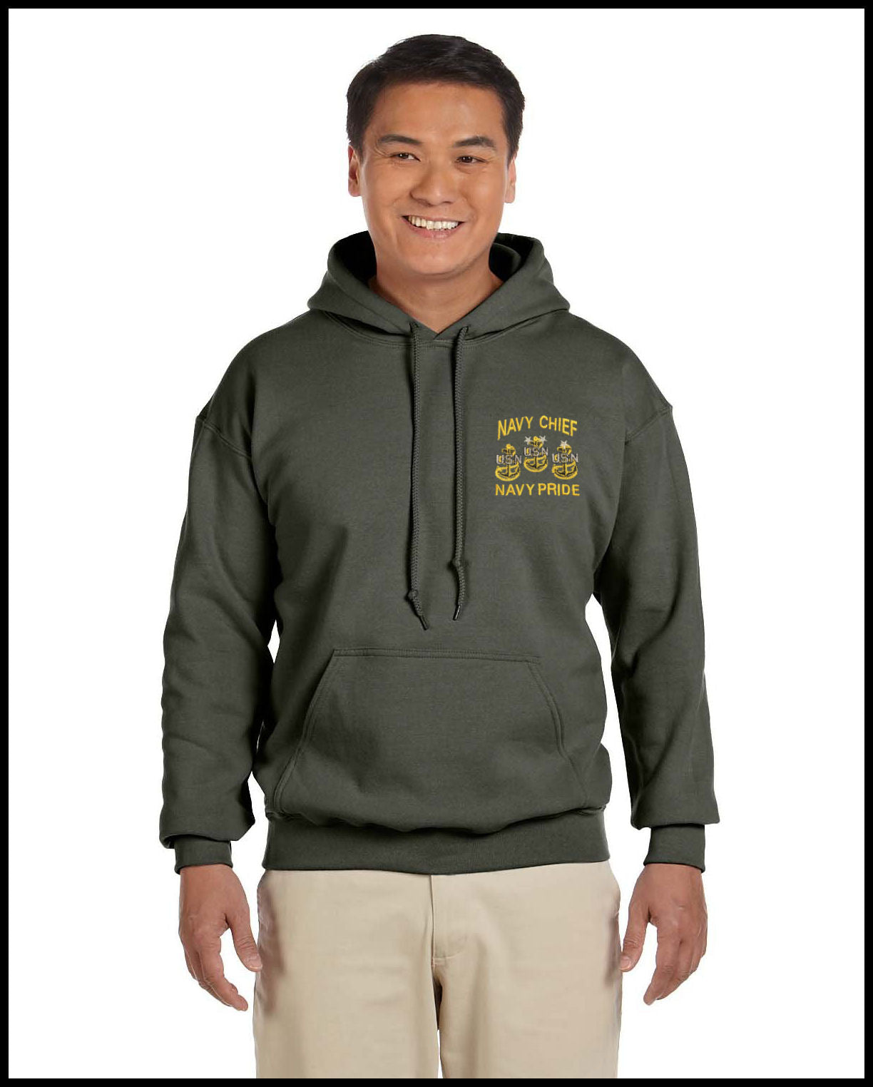 Navy Chief Navy Pride 3 Anchors Embroidered Military Green Hooded Sweatshirt