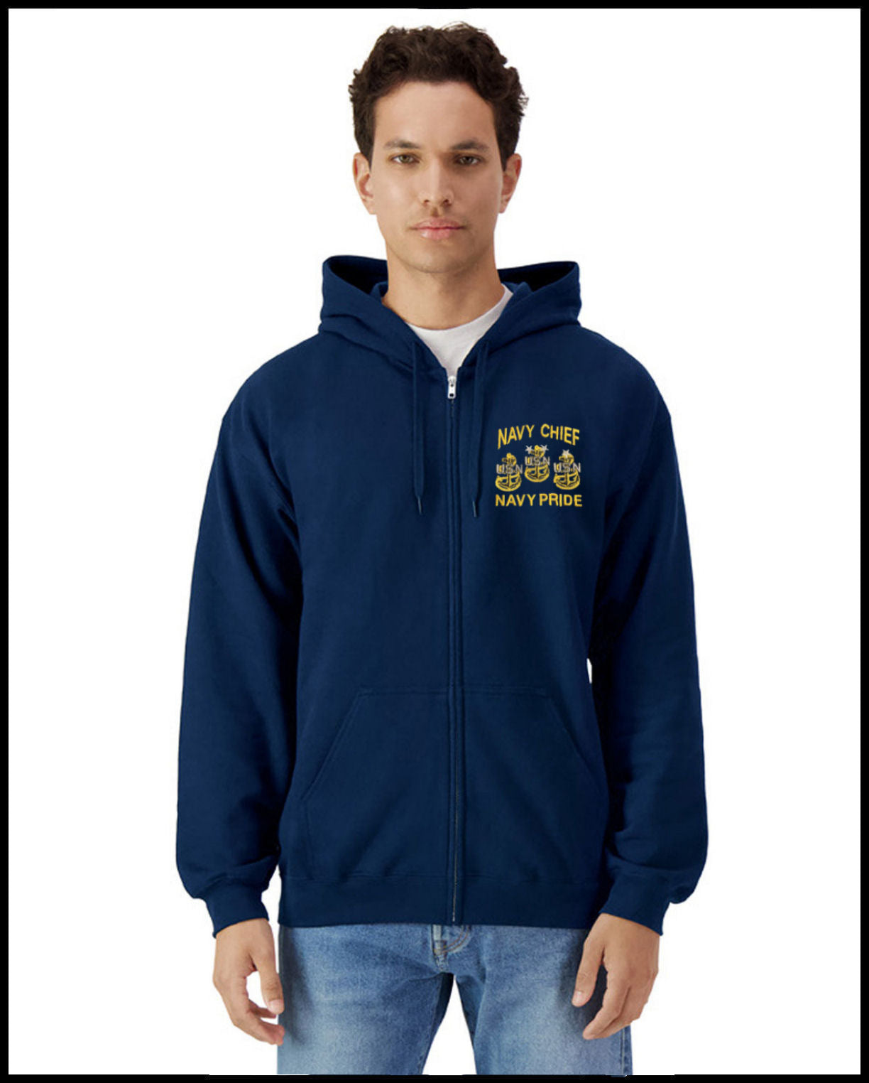 Navy Chief Navy Pride Embroidered Navy Blue Zipped Hooded Sweatshirt Navy Blue Draw Cord