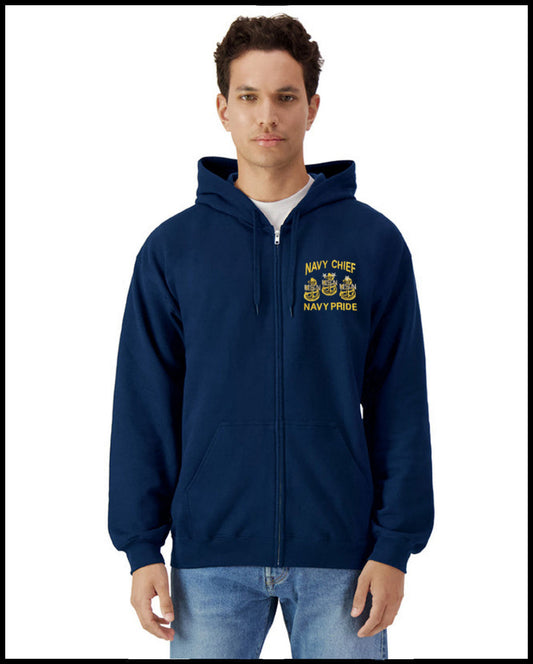Navy Chief Navy Pride Embroidered Navy Blue Zipped Hooded Sweatshirt Navy Blue Draw Cord