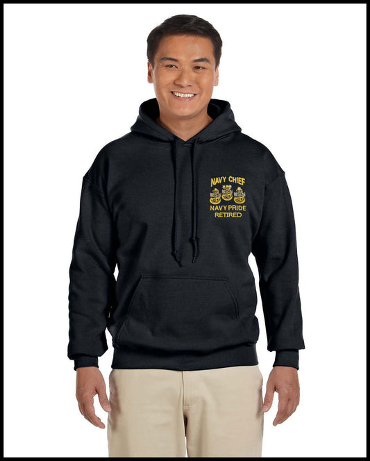 Retired Navy Chief 3 Anchors Embroidered Black Hooded Sweatshirt
