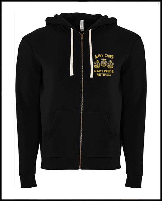 Retired Navy Chief Embroidered Black Zipped Hooded Sweatshirt