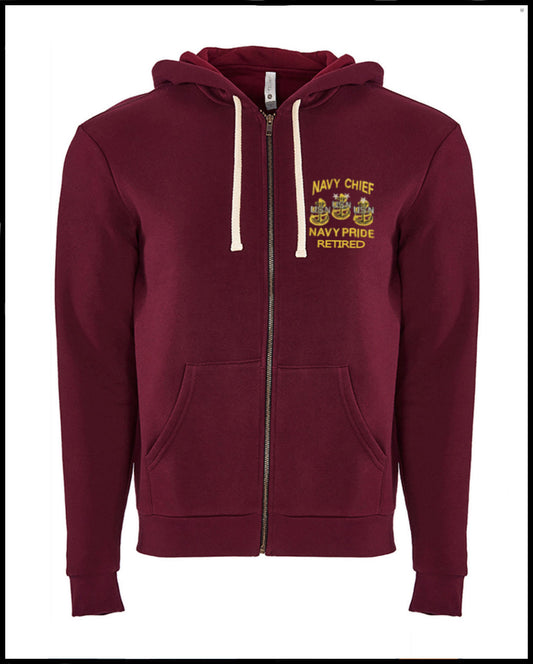 Retired Navy Chief Embroidered Burgundy Zipped Hooded Sweatshirt