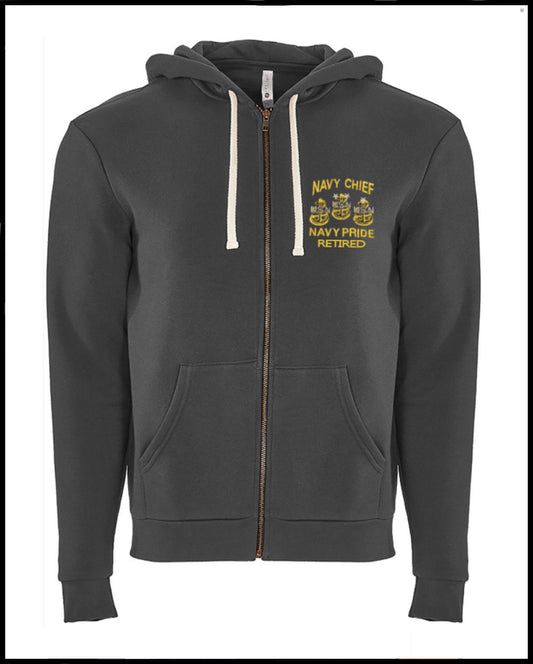 Retired Navy Chief Embroidered Grey Zipped Hooded Sweatshirt