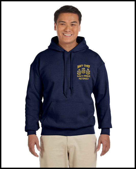 Retired Navy Chief 3 Anchors Embroidered Navy Blue Hooded Sweatshirt