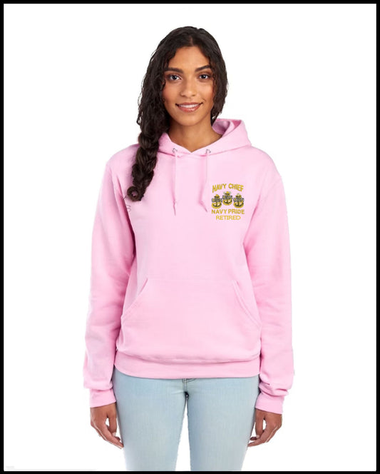 Retired Navy Chief 3 Anchors Embroidered Pink Hooded Sweatshirt