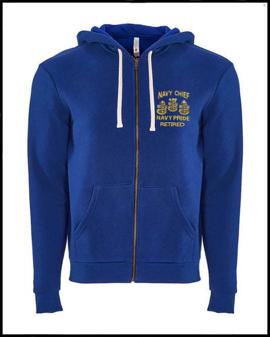 Retired Navy Chief Embroidered Blue Zipped Hooded Sweatshirt