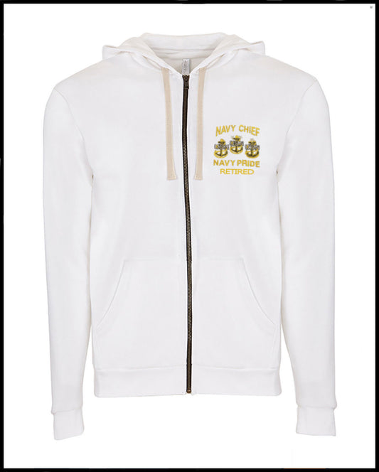 Retired Navy Chief Embroidered Off-White Zipped Hooded Sweatshirt