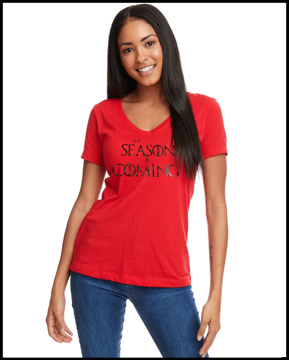 The Season Is Coming Ladies Cut V-Neck Red & Hunters Camo T-Shirt