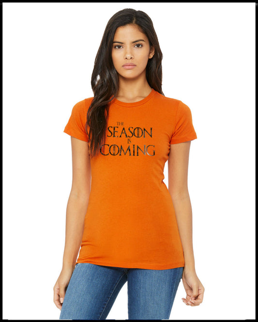 The Season Is Coming Ladies Cut Orange & Hunters Camo T-Shirt