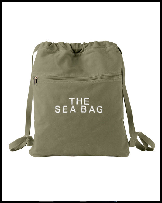 The Sea Bag Military Green Embroidered Canvas Drawstring Backpack