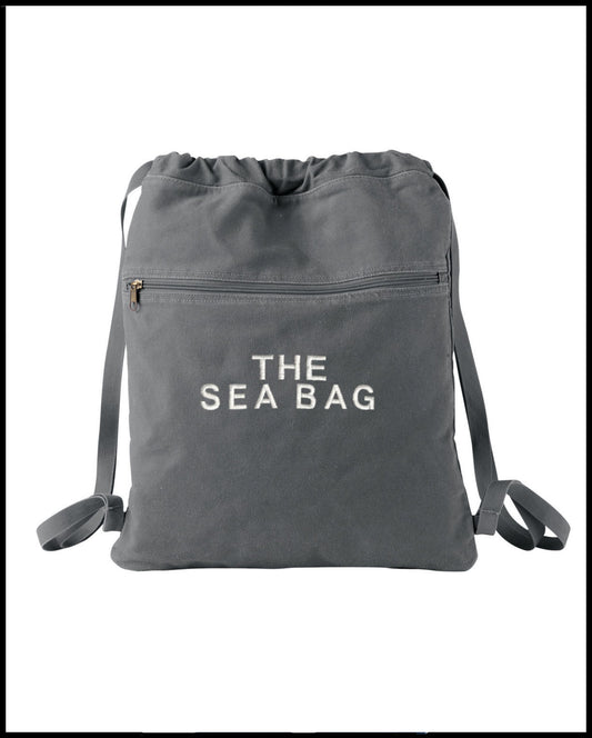 The Sea Bag Embroidered Denim Blue Canvas Drawstring Backpack