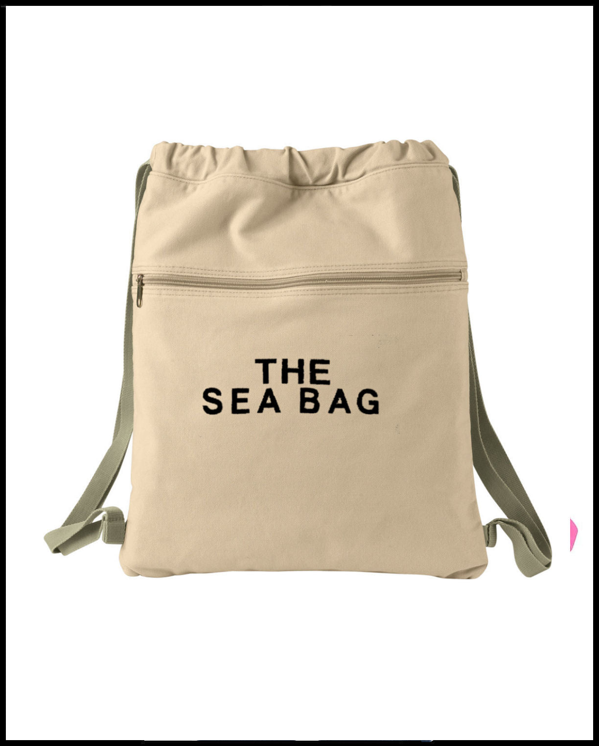 The Sea Bag Khaki Embroidered Canvas Drawstring Backpack