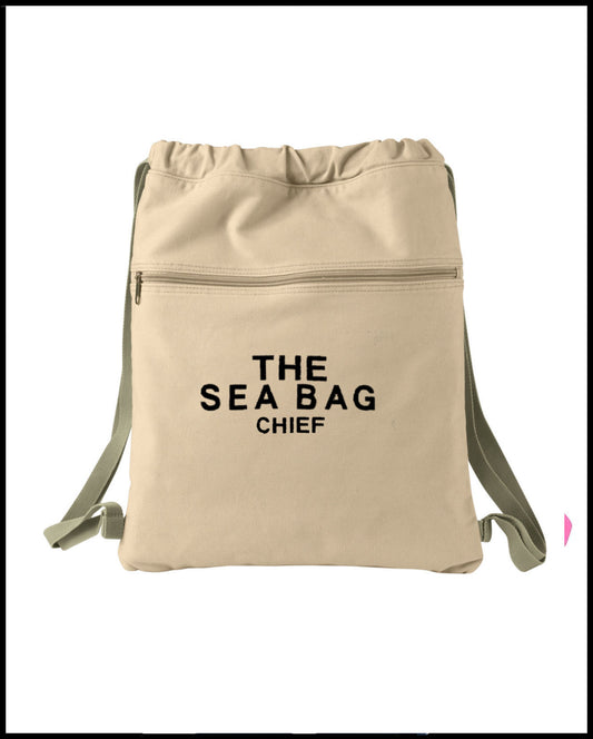 The Sea Bag Khaki Embroidered Canvas Drawstring Backpack